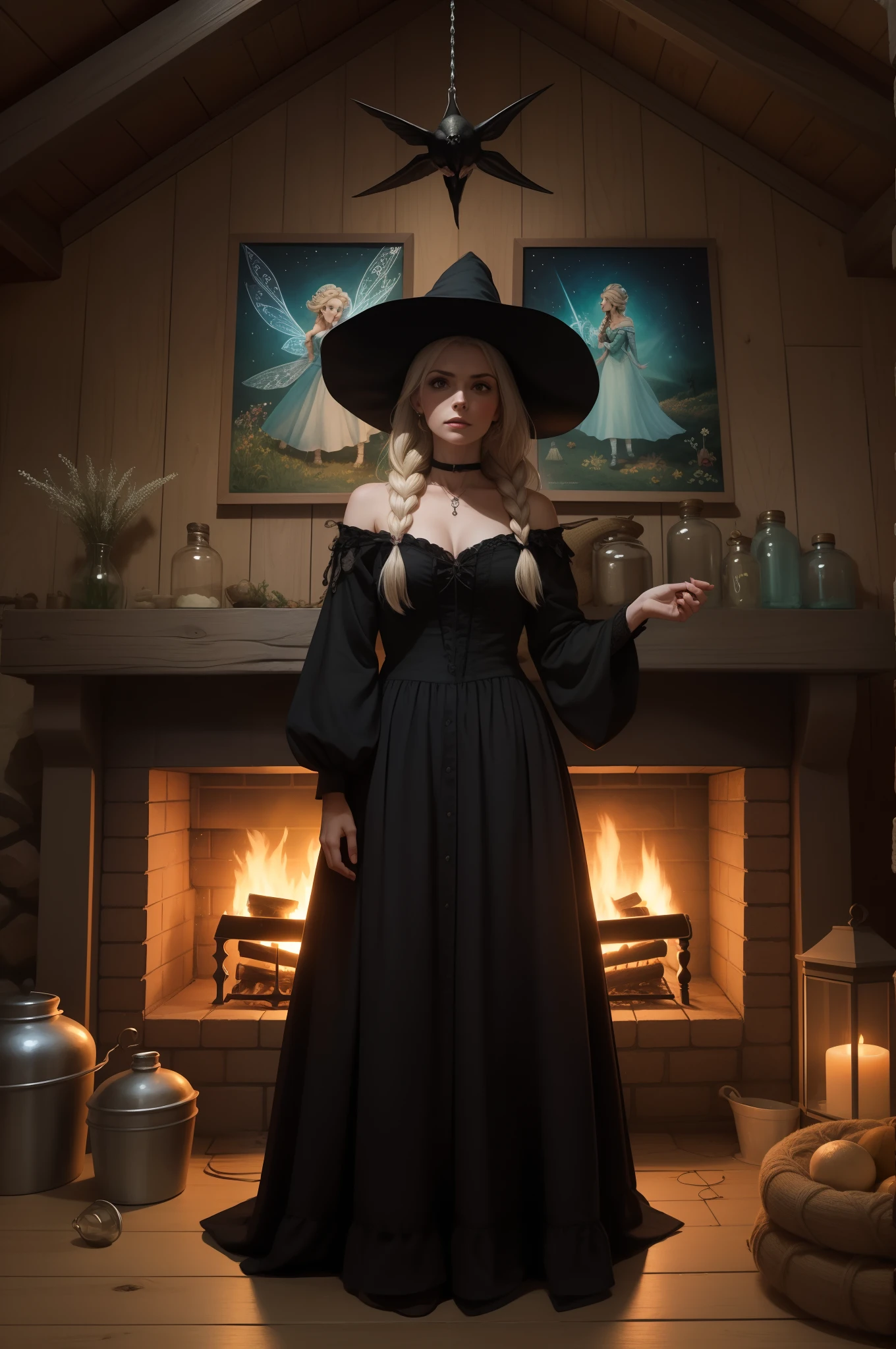 Foto de uma bruxa, (bruxa extremamente linda), Beautiful witch in a black dress stands in front of a fireplace, Boris Valejo. Octopath Viajante, Cottagecore!!, Cottagecore, Slavic folk fairy tale, full-colour illustration, she is in the potions workshop, inspirado em Elsa Beskow, Directed by: Elsa Beskow, beautiful depiction, Cottagecore hippie, (sete varinhas penduradas na parede)