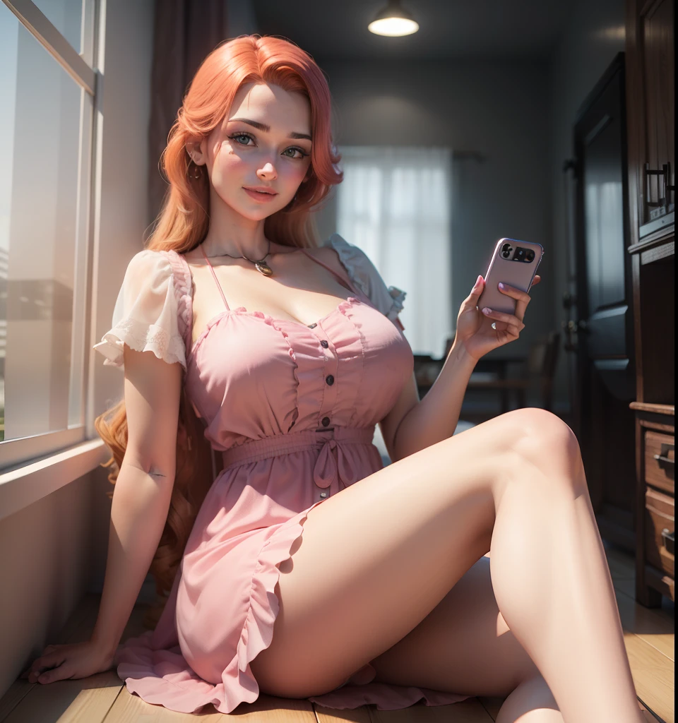 Carton 3d render mulher rosto Angelical olhando pra foto sorriso, vestido peitos grandes, smartphone in hand,ruiva cacheada