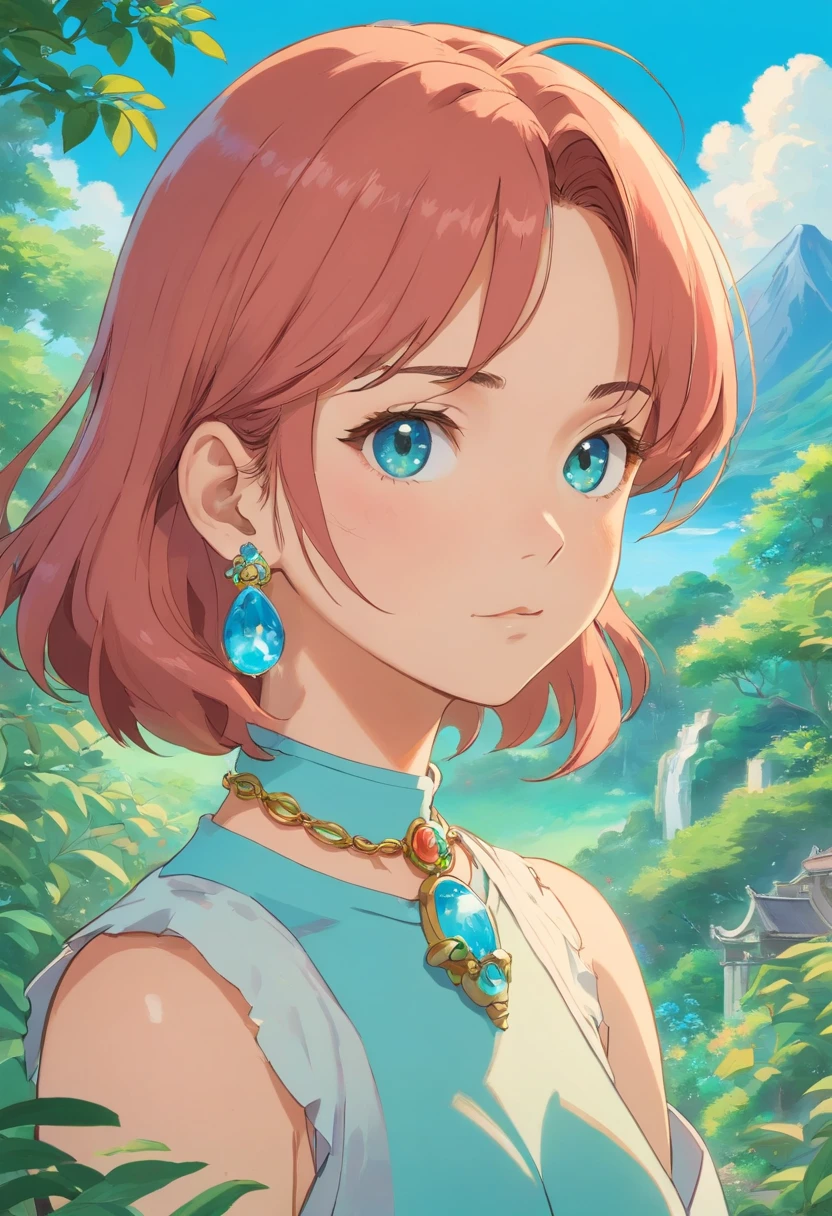 a girl wearing an anime collar, a long necklace and earrings, in the style of tranquil gardenscapes, colorful animation stills, masami teraoka, aquamarine, paul gauguin, Embry style, honest portrayal