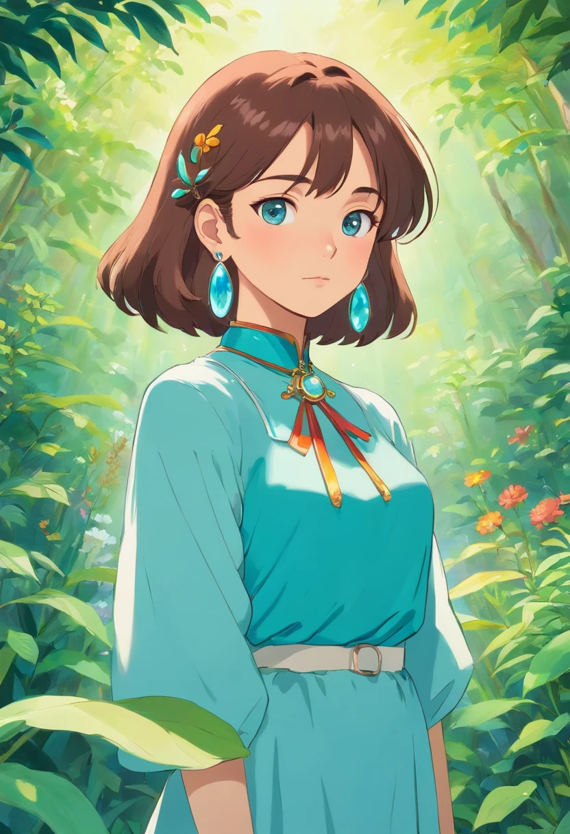 a girl wearing an anime collar, a long necklace and earrings, in the style of tranquil gardenscapes, colorful animation stills, masami teraoka, aquamarine, paul gauguin, Embry style, honest portrayal