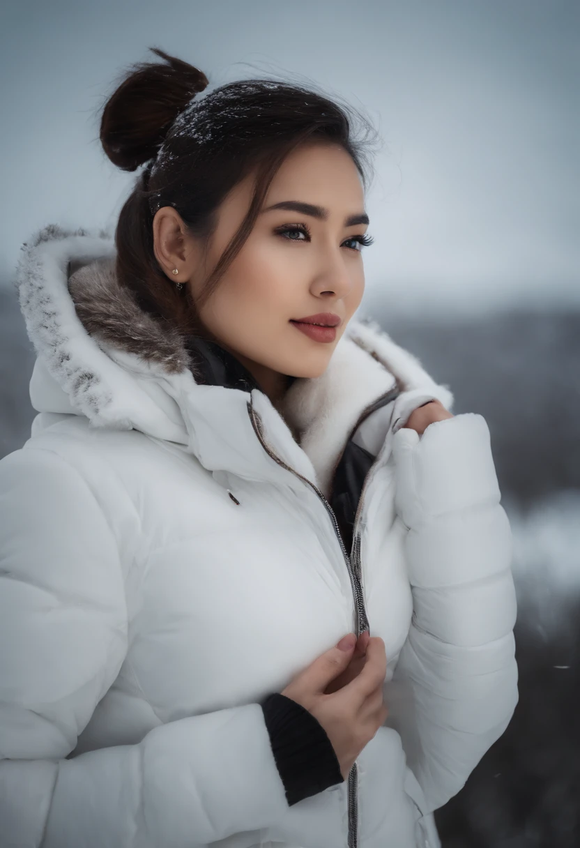 arafed woman with a ponytail in a white jacket in the snow, soft portrait shot 8 k, portrait of a , detailed face of a asian girl, beautiful young face, young beautiful face, black haired girl wearing hoodie, , icy eyes, asian beautiful face, attractive beautiful face, close-up perfect face, big breasts