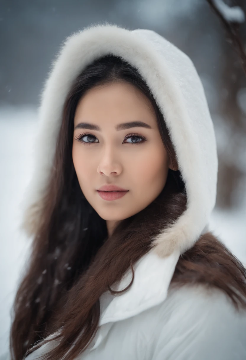 arafed woman with a ponytail in a white jacket in the snow, soft portrait shot 8 k, portrait of a teen, detailed face of a asian girl, beautiful young face,  young beautiful face, black haired girl wearing hoodie, , icy eyes, asian beautiful face, attractive beautiful face, close-up perfect face, big breasts