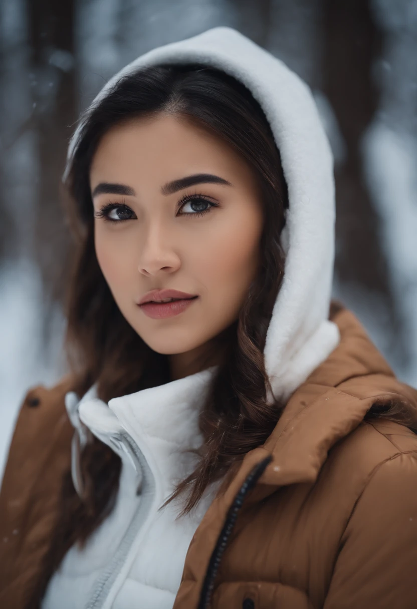 arafed woman with a ponytail in a white jacket in the snow, soft portrait shot 8 k, portrait of a teen, detailed face of a asian girl, beautiful young face,  young beautiful face, black haired girl wearing hoodie, , icy eyes, asian beautiful face, attractive beautiful face, close-up perfect face, big breasts
