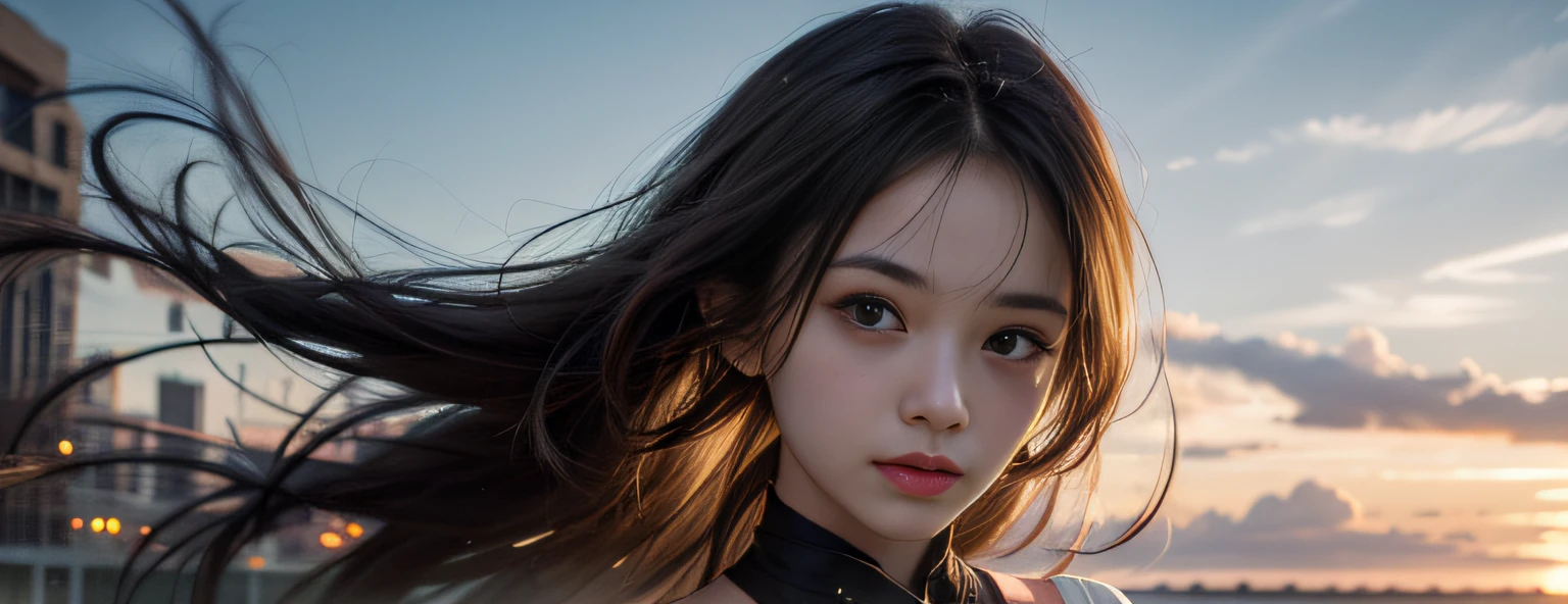 best qualtiy，tmasterpiece，超高分辨率，（Realiy感：1.4），RAW photogr，Girl standing in the wind，in a panoramic view，photorealestic，Realiy，detailed face with，largeeyes，long hair flowing，((full bodyesbian))，outside，The background is blurred out，Head-on light，rim-light