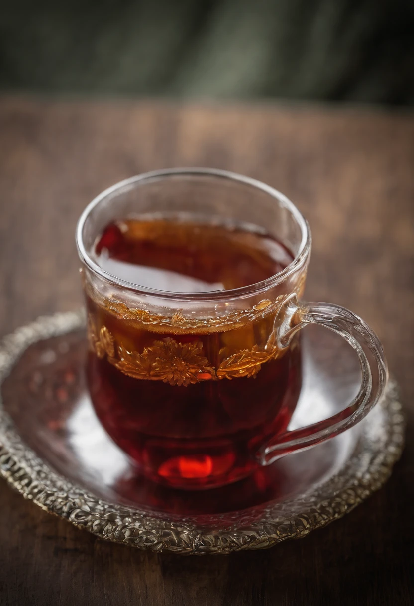 A persian cup of tea, the cup made of glass, add designs on it, dark red tea, feeling persian, hot, add some white sugar cubes around it, dark green background, super details, realistic, photography, photorealism, cinematic lighting, volumetric lighting