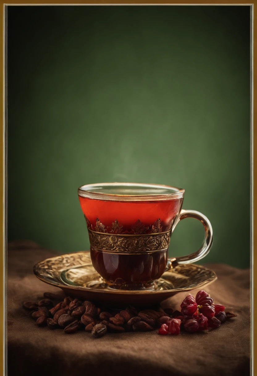A persian cup of tea, the cup made of glass, add designs on it, dark red tea, feeling persian, hot, add some white sugar cubes around it, dark green background, super details, realistic, photography, photorealism, cinematic lighting, volumetric lighting