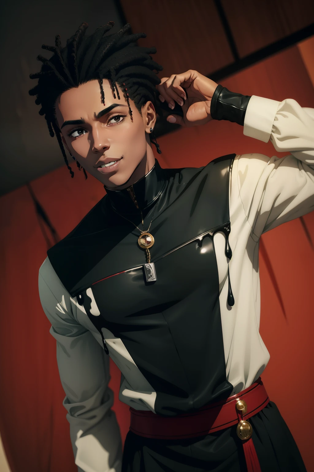 jovem negro, drip, terno vermelho, stylish hair, cabelos pretos, Sorriso, show, lindo, jojo pose