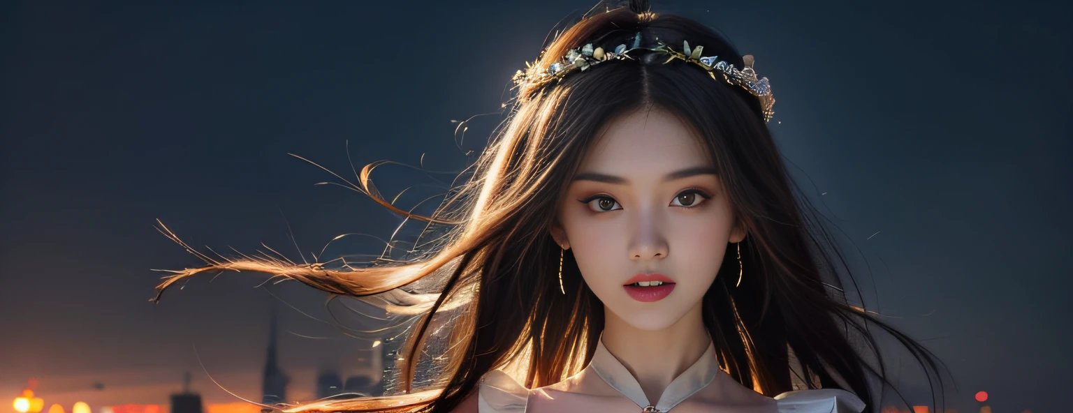 best qualtiy,tmasterpiece,超高分辨率,(Realiy感:1.4),RAW photogr,Flower girl standing in the wind,in a panoramic view,photorealestic,Realiy,detailed face with,largeeyes,long hair flowing,((full bodyesbian)),outside,The background is blurred out,Oncoming lights,rim-light