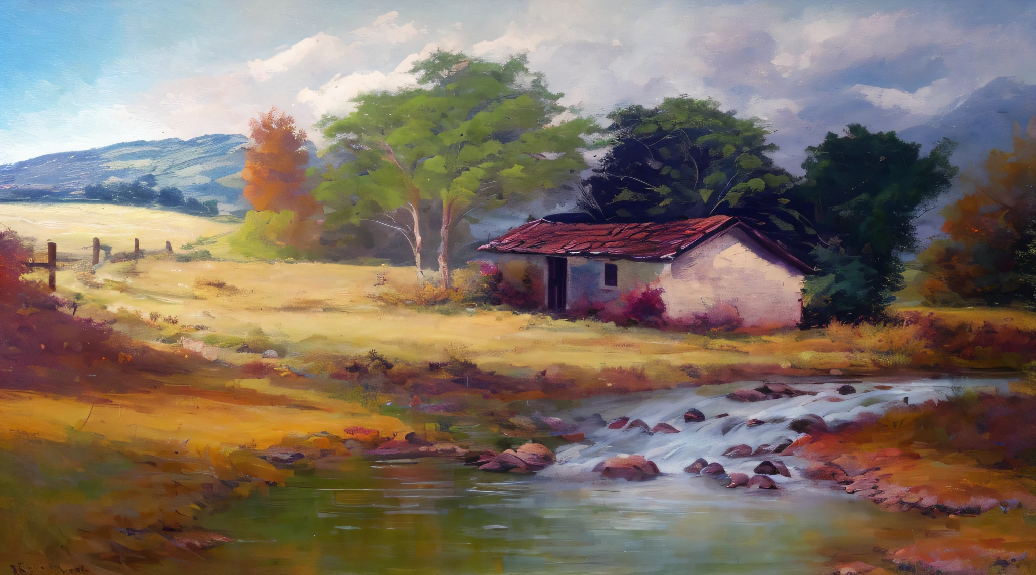 painting of a small house in a field with a stream running through it, super realista,8k