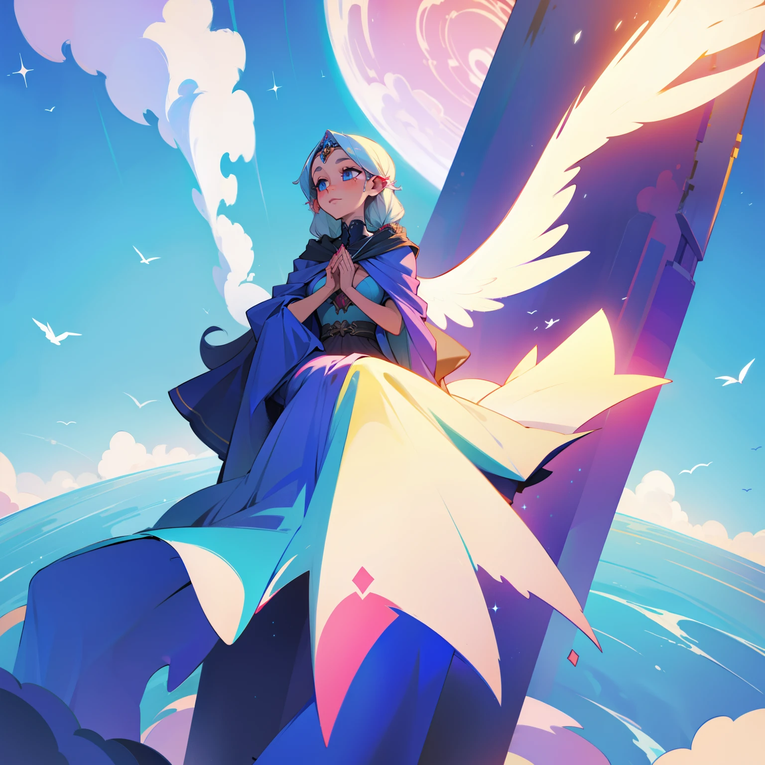 a tall woman sitting in the sky, goddess, gown