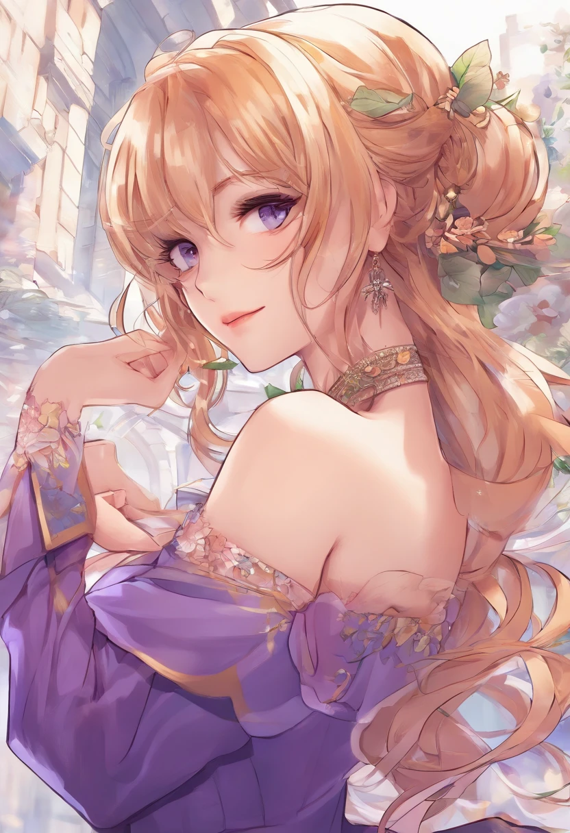 Close-up of a woman in a dress,With his back to the camera,The background is a city, Anime girl with long hair, Beautiful anime, Beautiful anime girl, Beautiful anime style, Anime princess, lovely languid princess, Beautiful anime woman, uma linda princesa, long hair girl, beautiful and seductive anime woman, digital art of an elegant, beautiful gorgeous digital art, beautiful alluring anime teen,Novel cover style,purpleish color
