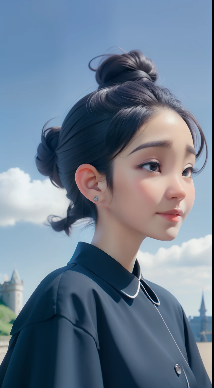 Kizi, bun hairstyle,cabelos preto e longos,The background is the castle,Tano,with blue sky and white clouds,4K Ultra HD, 超高分辨率, (Photorealistic: 1.4), Best quality,Masterpiece,Utra dilution,(pastel colour:1.2)