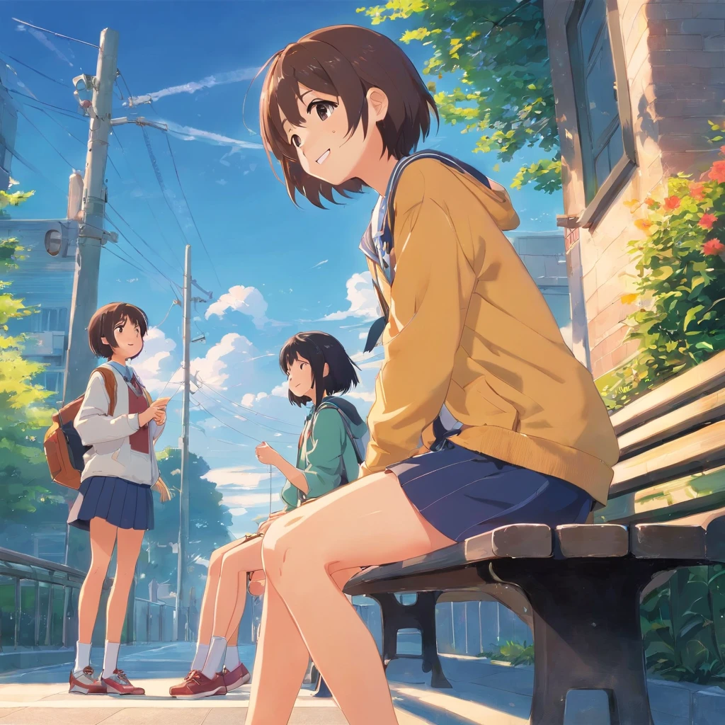 highest quality, Ultra-high resolution, (Realistic: )2D official style cel animation,((Three girls sitting side by side))mini skirt,summer shirt,(Lace panties),loose socks,sneakers,Full body portrait,(From below),Station stairs,sunny,Embarrassed face,Spread your legs、from the front