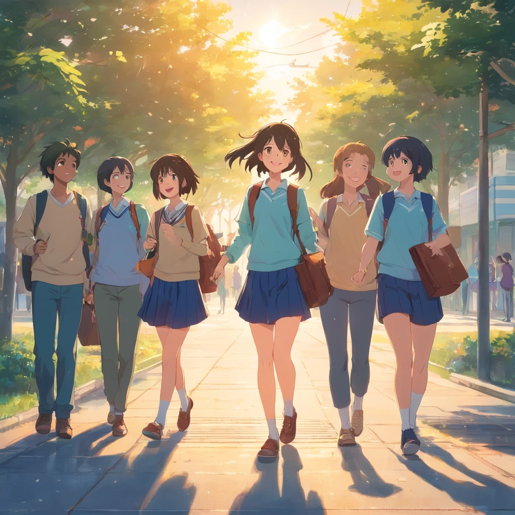 a scene where a girl is at school, rodeada por seus amigos e irradiando felicidade. The girl is smiling happily as she chats and laughs with her friends in the schoolyard. They're sitting together on a bench, Sharing stories and funny moments. The sun is shining in the sky, creating a pleasant and sunny climate. The girl and her friends are completely at ease with each other, demonstrating a strong connection and friendship. The scene conveys the sense of joy and camaraderie that is typical of a school where friends gather to create happy memories.