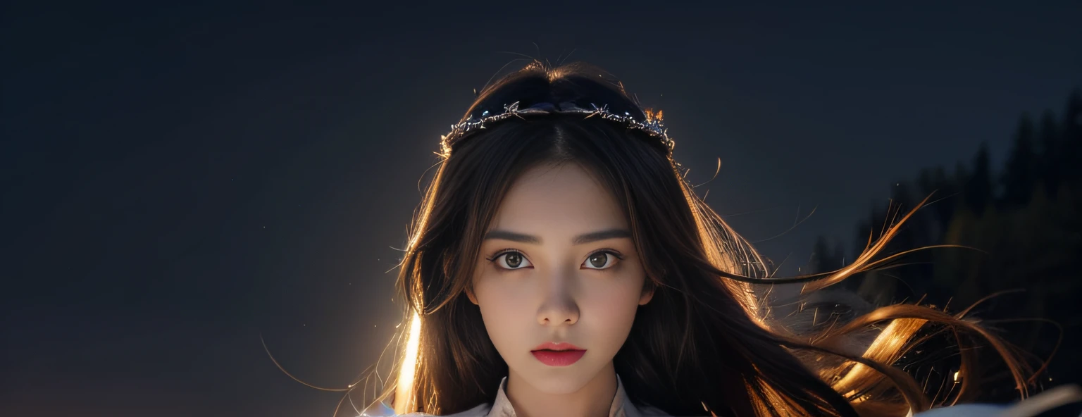 best qualtiy,tmasterpiece,超高分辨率,(Realiy感:1.4),RAW photogr,Sad woman standing in the wind,in a panoramic view,photorealestic,Realiy,detailed face with,largeeyes,long hair flowing,((full bodyesbian)),outside,The background is blurred out,Oncoming lights,rim-light
