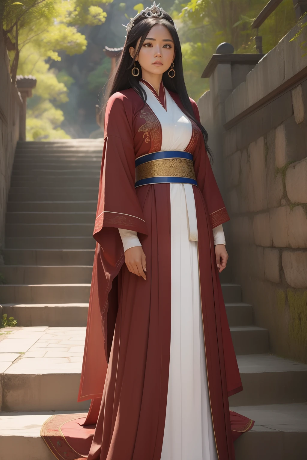(NSFW) jovem mulher, de longos cabelos negros, tiara prendendo os cabelos, olhar atento, sensual e voluptuosa, usando uma roupa antiga hunfa wuxia, roupa cor vermelha, standing near the steps of some martial sect, imponente, holding a sharp long-bladed sword with one hand and with the other a heavenly scroll (cena detalhada, filme, natural lightting)arte inspirada em Novela estilo Wuxia.