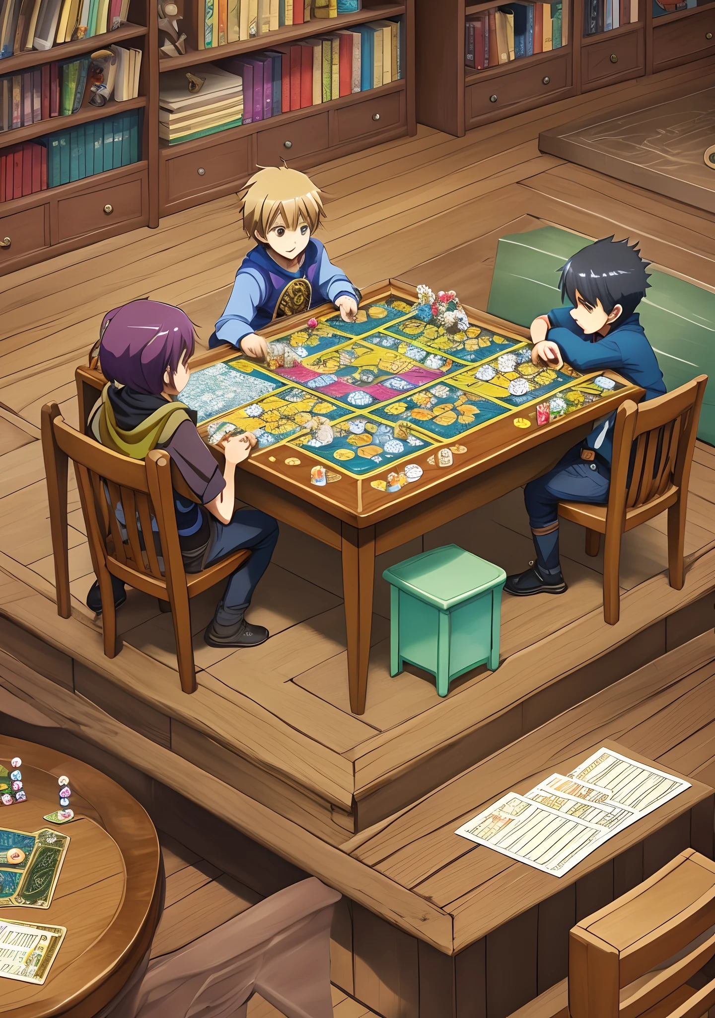 anime style, 4 kids playing a D&D style board game --auto --s2