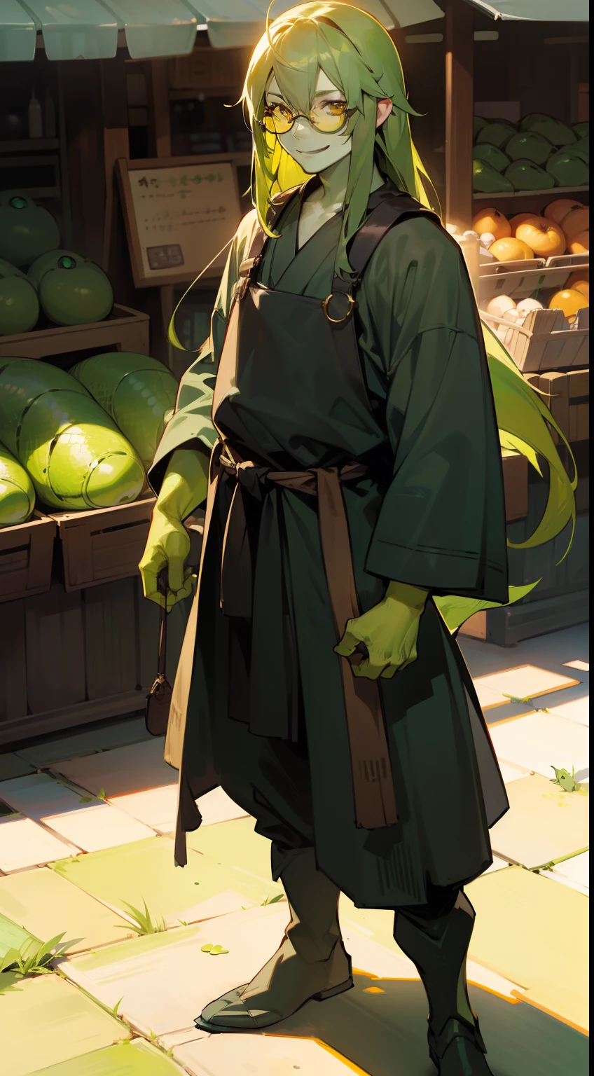 1man,solo,40s,happy face,(((green skin))),market outfit, green hair,long hair,yellow eyes,glasses,lizard tail,(((standing in front of a market)))