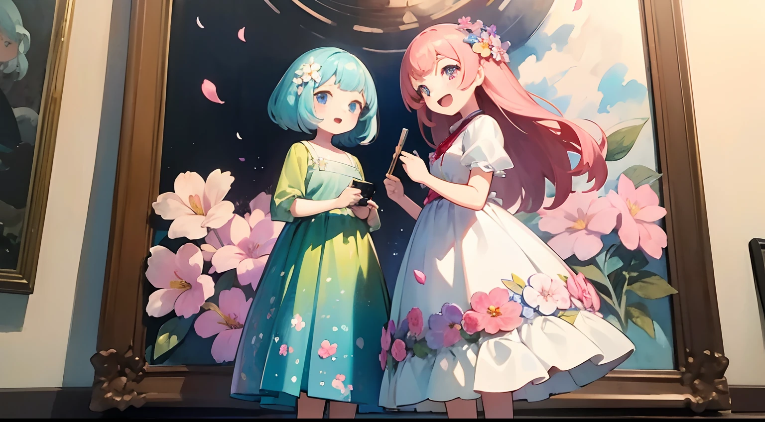 photoRealstic、Two dolls standing in front of the painting(nendroid)、Open mouth and big smile、watercolor Nendoroid、(High Definition Figure)、Flowing iridescent silk、Floral dress、Making a Good Mark by Hand、Mark the Good Mark、There are also flowers in front of the nendroids、flower petals