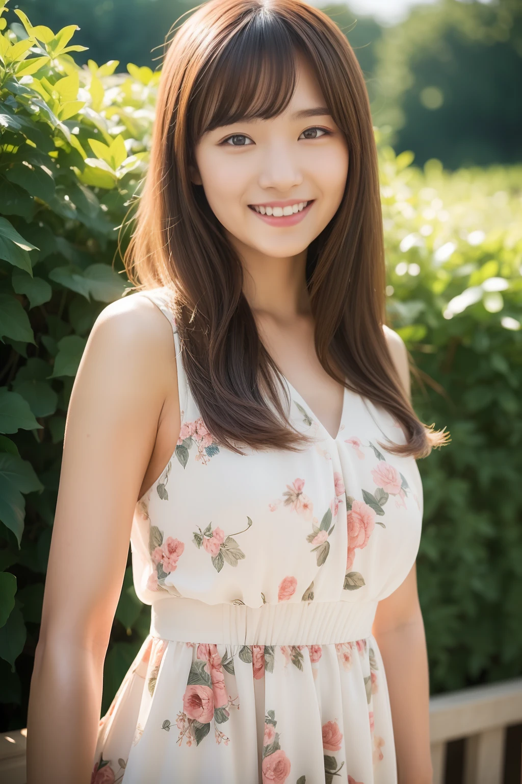A girl、Beautiful dress with floral pattern、Brown hair、A smile、Beautuful Women、condominium、((top-quality、8K、masterpiece:1.3))、foco nítido:1.2、An ultra-high picture quality、top-quality、masterpiece、natural soft light、The upper part of the body、the setting sun