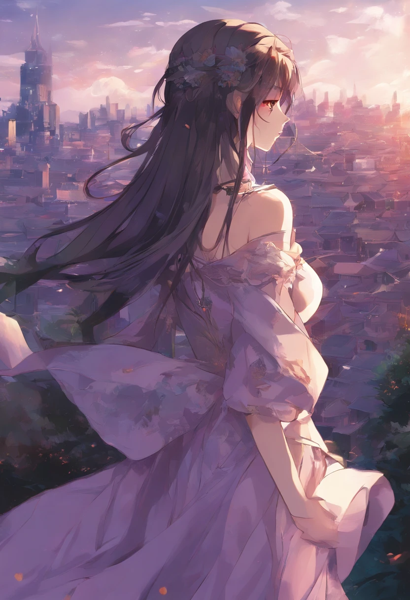 Close-up of a woman in a dress,With his back to the camera,The background is a city, Anime girl with long hair, Beautiful anime, Beautiful anime girl, Beautiful anime style, Anime princess, lovely languid princess, Beautiful anime woman, uma linda princesa, long hair girl, beautiful and seductive anime woman, digital art of an elegant, beautiful gorgeous digital art, beautiful alluring anime ,Novel cover style,purpleish color