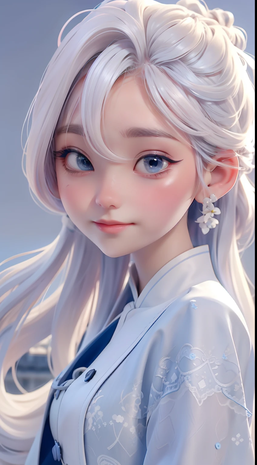 Kizi, bun hairstyle, silvery white hair,The background is the castle,Tano,with blue sky and white clouds,4K Ultra HD, 超高分辨率, (Photorealistic: 1.4), Best quality,Masterpiece,Utra dilution,(pastel colour:1.2)