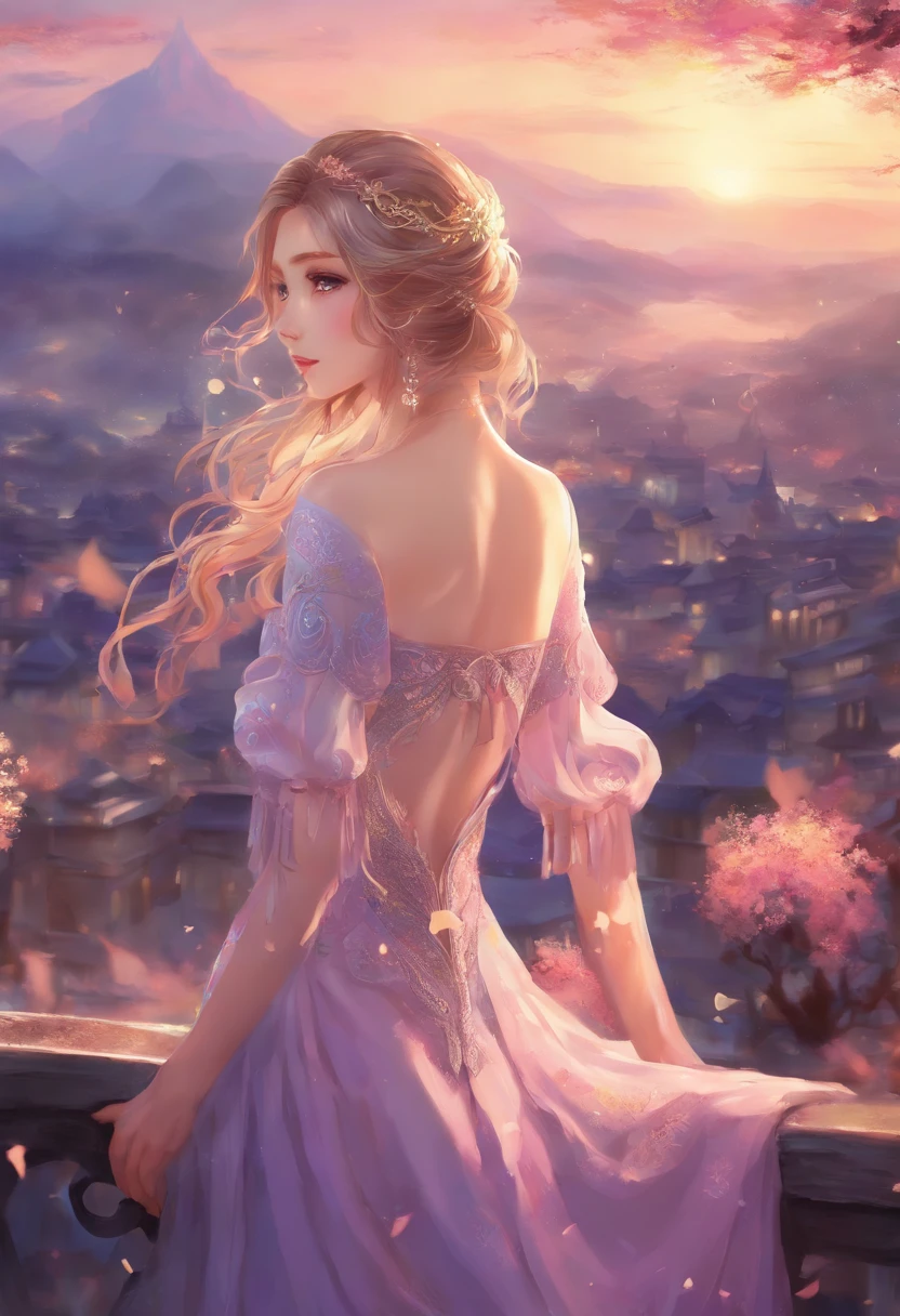Close-up of a woman in a dress,With his back to the camera,The background is a city, Anime girl with long hair, Beautiful anime, Beautiful anime girl, Beautiful anime style, Anime princess, lovely languid princess, Beautiful anime woman, uma linda princesa, long hair girl, beautiful and seductive anime woman, digital art of an elegant, beautiful gorgeous digital art, beautiful alluring anime ,Novel cover style,purpleish color