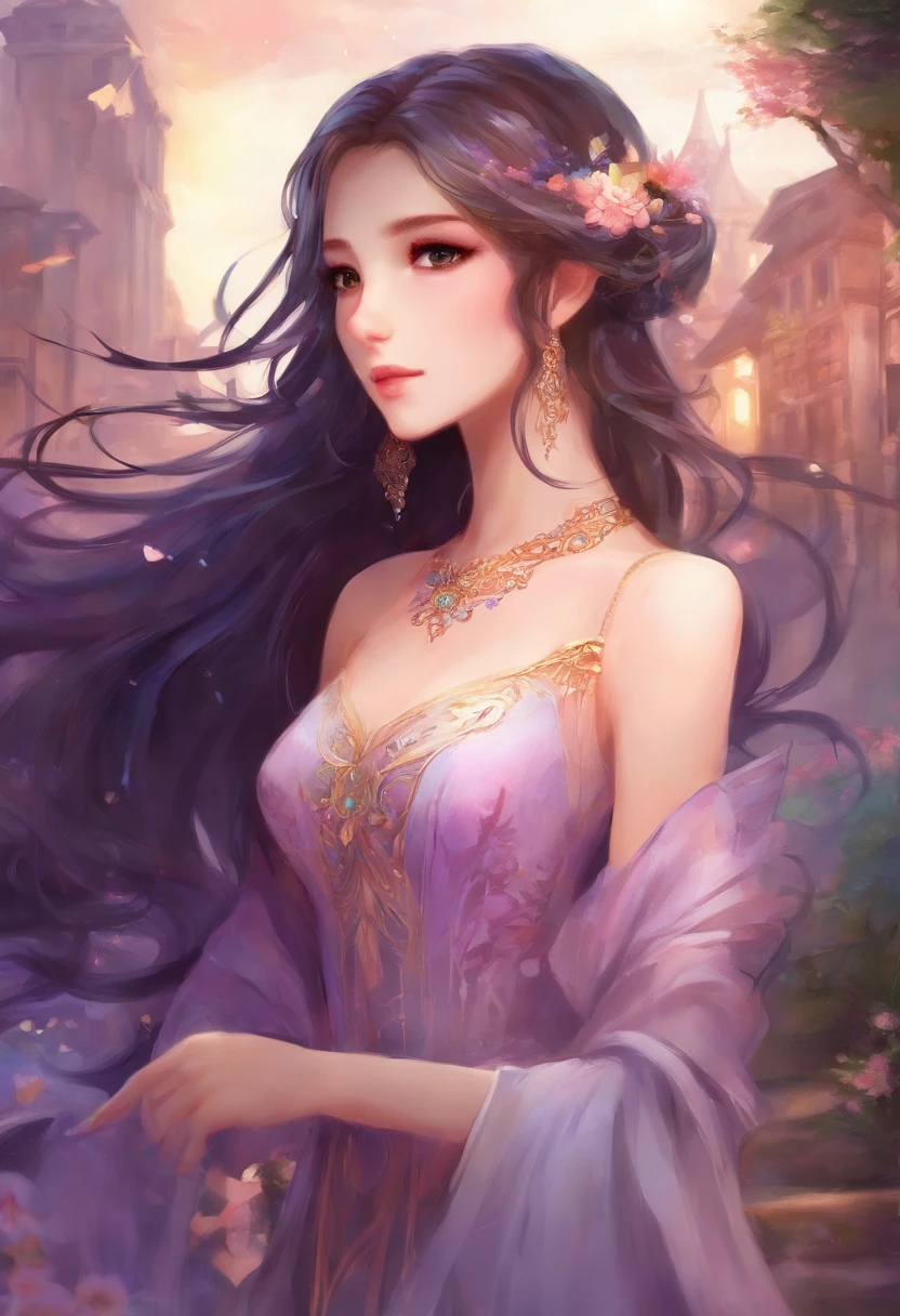 Close-up of a woman in a dress,With his back to the camera,The background is a city, Anime girl with long hair, Beautiful anime, Beautiful anime girl, Beautiful anime style, Anime princess, lovely languid princess, Beautiful anime woman, uma linda princesa, long hair girl, beautiful and seductive anime woman, digital art of an elegant, beautiful gorgeous digital art, beautiful alluring anime teen,Novel cover style,purpleish color