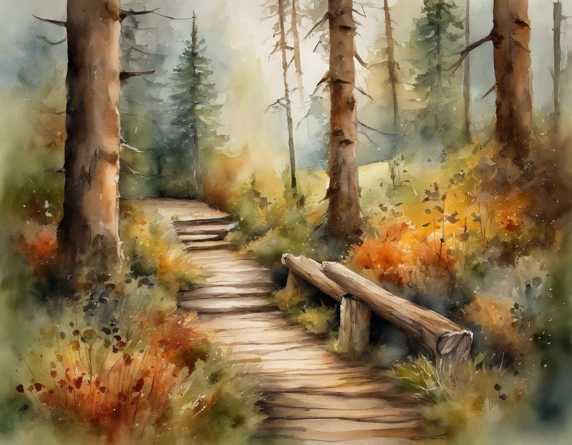 ambiente rustico, wooden floor,  com mesa de madeira com computador em cima, janela grande com vista para fora, Landscape with spruce trees, lindo, 8k detalhado, detalhes leves e sutis com plantas, ambiente de estudo