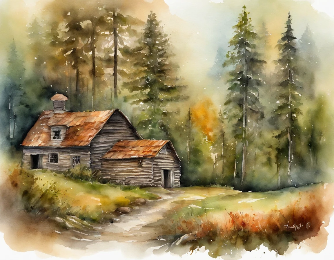 ambiente rustico, wooden floor, com mesa de madeira com computador em cima, janela grande com vista para fora, Landscape with spruce trees, lindo, 8k detalhado, detalhes leves e sutis com plantas, ambiente de estudo