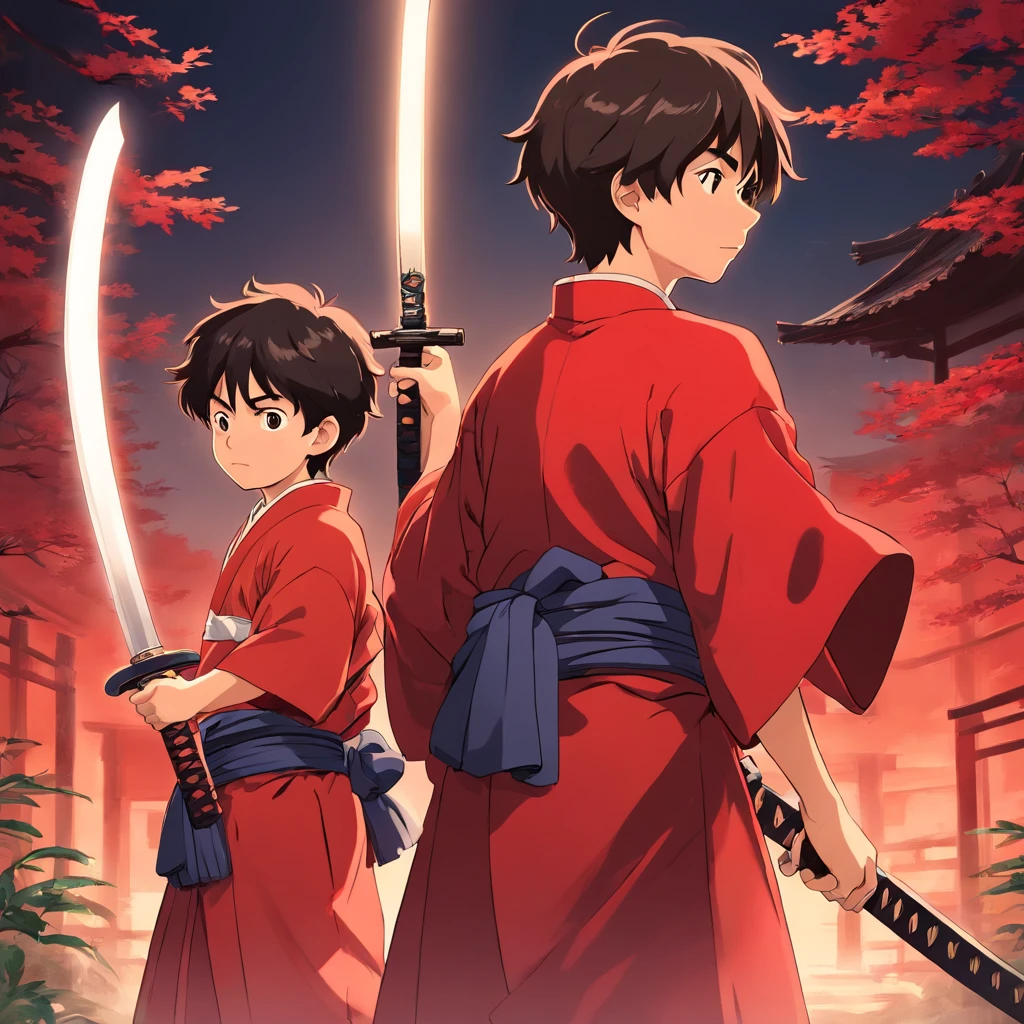 1 boys, Qui tient un katana dans les mains, tenus en kimono rouge noir,