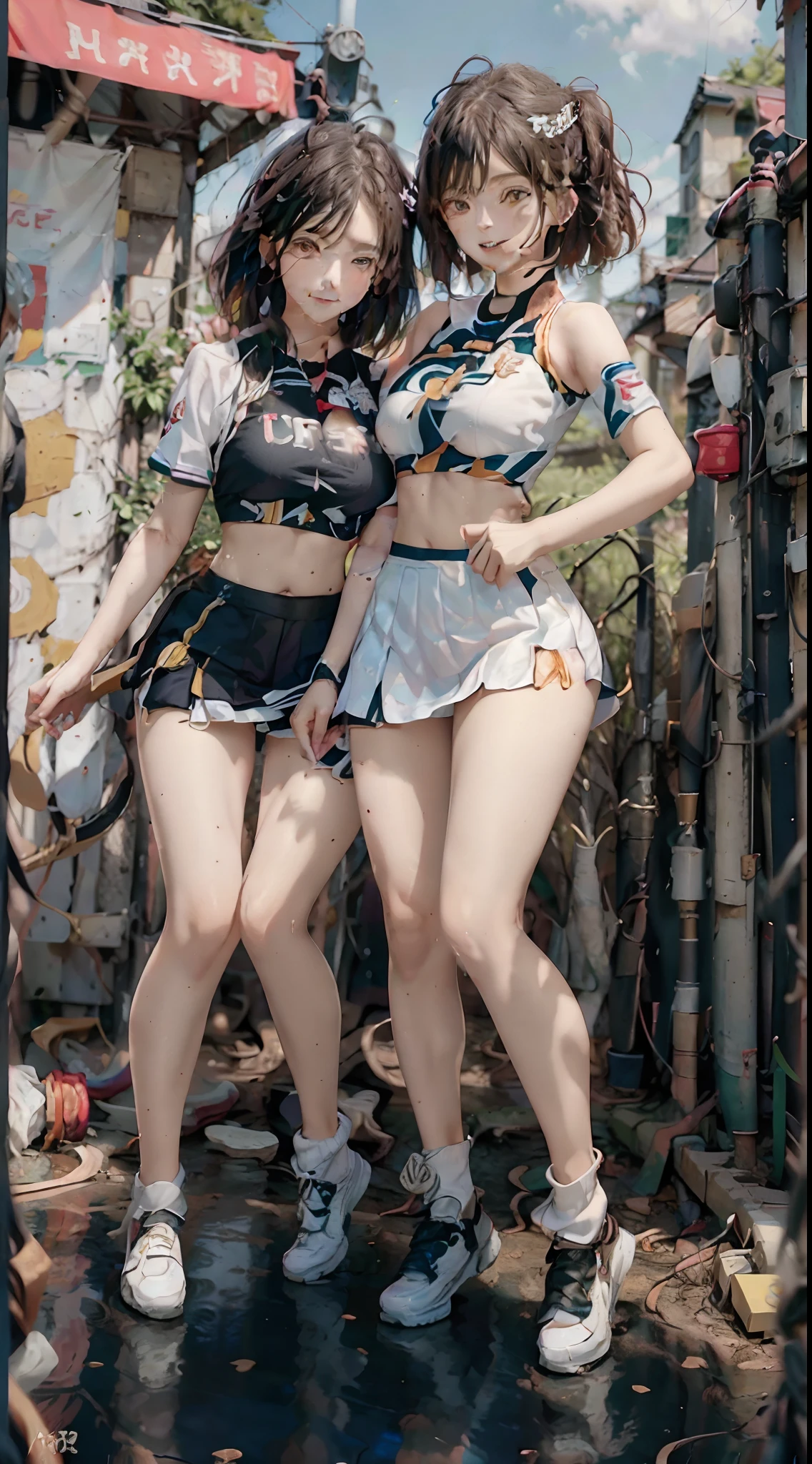 Two women in short skirts standing next to each other, alena aenami and lilia alvarado, ayami kojima and lyde caldwell, Wearing tight simple clothes, two japanese girls posing, Two girls, twins, symmetric!!, wearing white skirt, Very beautiful long slim legs, tight outfit, Short skirt, wearing heels and white dress, skin tight dress