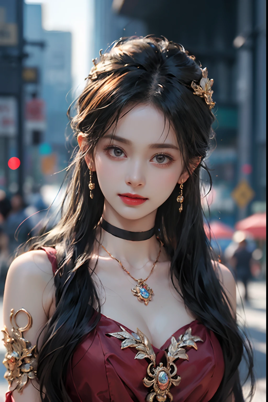 ((masterpiece:1.4)、(top-quality:1.4)、(reallistic:1.7))、Ultra-realistic portrait of the beautiful Martian queen by Luis Royo、Super beautiful girl queen、((1girl in:1.4))、Shiny natural skin texture、(The Queen's ornate outfit)、(Red formal suit:1.4)、By Luis Royo、age19、(Cute tattoos:1.4)、(Two arms:1.4、Two legs:1.4)、(perfect anatomia:1.4)、(Perfect female body:1.4)、Portrait photo of a girl、Close-up photos、Upper body photography、Fantasyart、Soft front light、beautiful countenance、kawaii faces、Beautiful udder、large full breasts:1.2、Beautiful ass、A detailed eye、Draw the eyes clearly, Beautiful and attractive eyes、beautidful eyes、Narrow waist、Raw photo、red-lips、Long hair is set like a queen in a cool way、(tiarra:1.4、a choker:1.4、a necklace:1.4、耳Nipple Ring:1.4)、1 screen display、Beautiful girl standing in the royal palace of the Martian kingdom