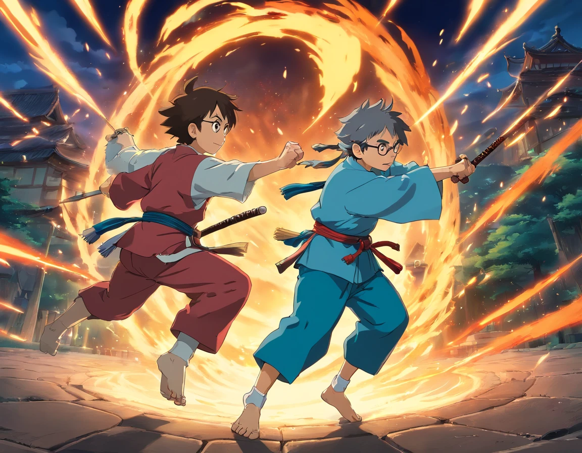 (best quality,highres),2 boys,fierce battle,fighting,katanas,aggressive action,detailed expressions,high-energy,fast movements,stunning choreography,vivid colors,dynamic lighting,impactful composition,dramatic atmosphere,emphasized intense emotions,excellent fight scenes,impressive martial arts skills,wisps of sword gleams,sharp katana slashes,authentic fight stances,acrobatic flips and jumps,powerful strikes and parries,fluid motion,cutting-edge special effects,intense and thrilling combat scenes,adrenaline-pumping,exciting energy,heart-pounding soundtrack,high-tempo rhythm,striking visual storytelling,spellbinding fight sequences