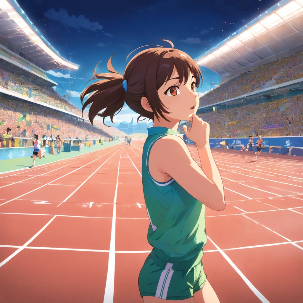 A scene where a girl is in a major athletics competition, onde ela se destaca entre os competidores. The girl is on the athletics track, pronta para participar de uma corrida importante. She is wearing a sports uniform with her number and name clearly visible. The surrounding atmosphere is electric, with a cheering crowd in the stands, torcendo e aplaudindo. The girl is focused and determined, seus olhos focados na linha de partida. His competitors are also preparing for the race, creating an aura of intense competition. The scene radiates the tension and excitement of a high-level competition in the world of athletics.