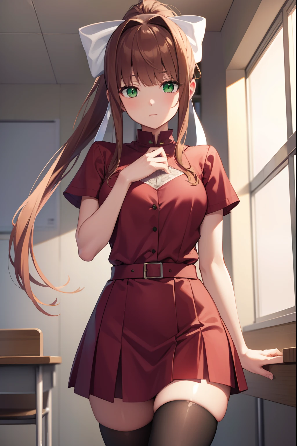 ddlcmonika, ddlcmonika, blunt bangs, brown hair, (green eyes:1.5), long hair, ponytail, ribbon, white ribbon, hair ribbon, sidelocks,
BREAK black thighhighs, Red summer dress, zettai ryouiki,
BREAK looking at viewer,
BREAK indoors, classroom,
BREAK (masterpiece:1.2), best quality, high resolution, unity 8k wallpaper, (illustration:0.8), (beautiful detailed eyes:1.6), extremely detailed face, perfect lighting, extremely detailed CG, (perfect hands, perfect anatomy),