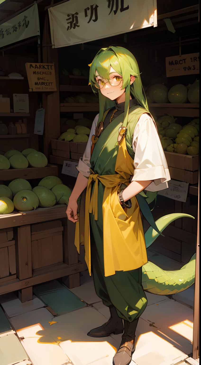 1man,solo,40s,happy face,market outfit, green hair,long hair,yellow eyes,glasses,lizard tail,(((standing in front of a market)))