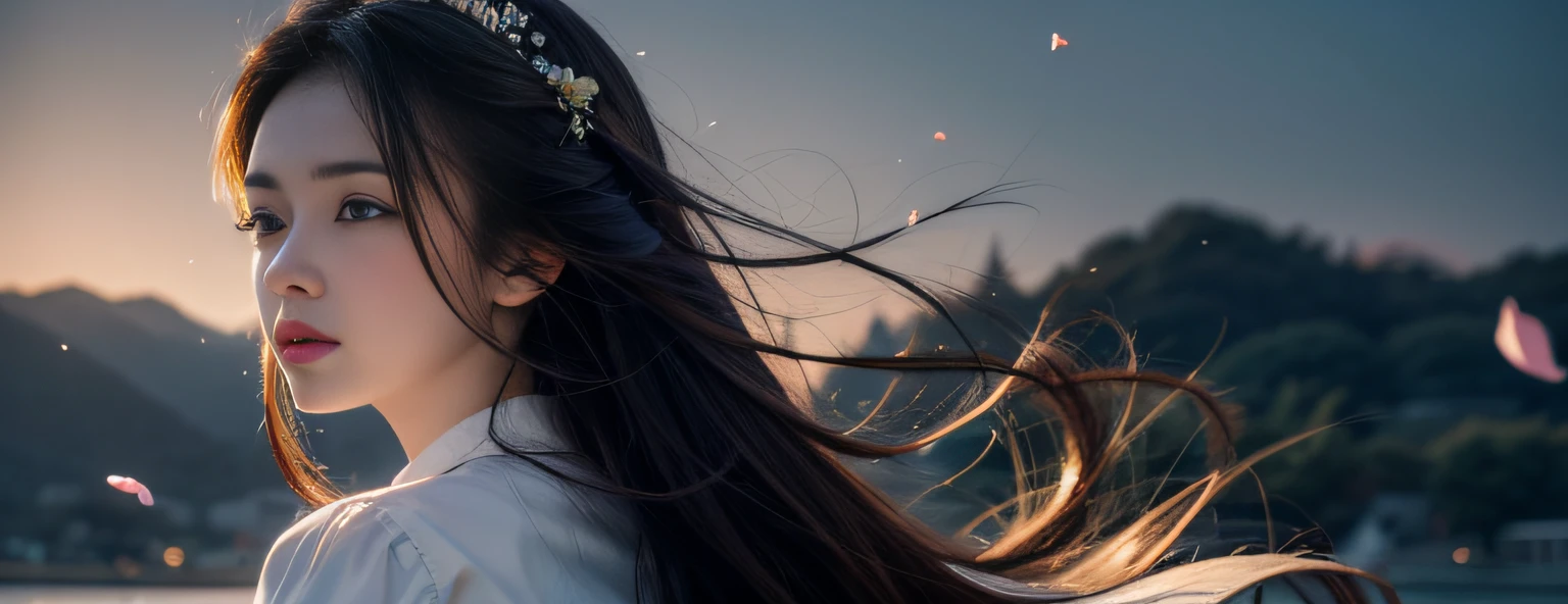 best qualtiy,tmasterpiece,超高分辨率,(Realiy感:1.4),RAW photogr,Sad woman standing in the wind,in a panoramic view,photorealestic,Realiy,detailed face with,largeeyes,long hair flowing,An expression of loss,rainwater,Petals scattered all over the place,frustrated,Down in the dumps,grieves,flower sea,From the side Side,low-saturation,The background is blurred out,Oncoming lights,rim-light