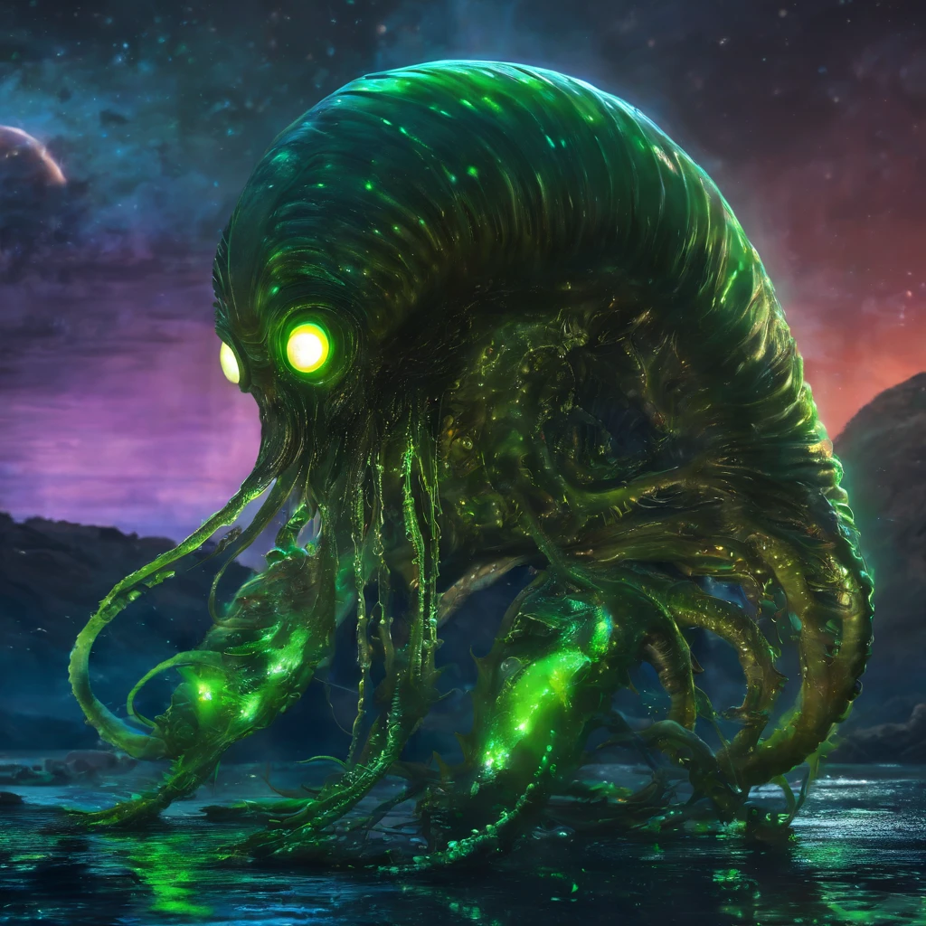 Nautilus oozing with luminescent green slime, glowing yellow eyes, swamp at night, best quality, masterpiece