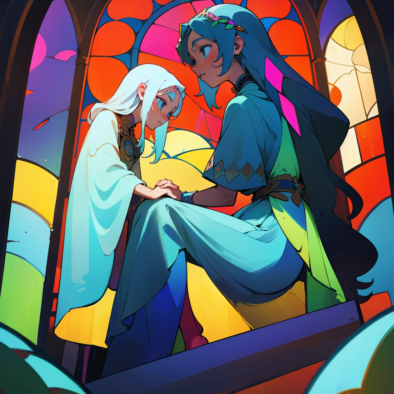 two people, a goddess and a human girl, goddess sitting, very tall giant goddess, very small person standing in front of her, from the side, stained glass painting, holding hands,