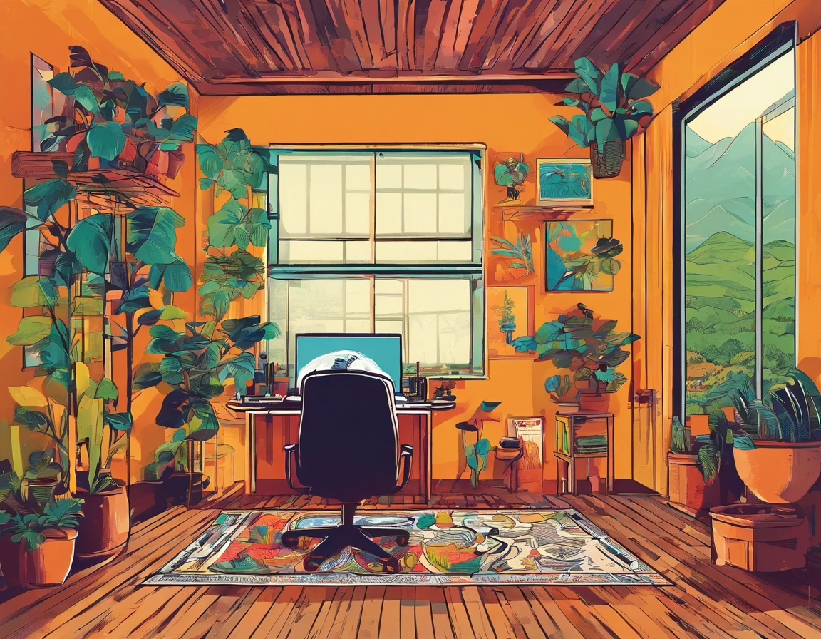 ambiente rustico, wooden floor, com mesa de madeira com computador em cima, janela grande com vista para fora, Landscape with spruce trees, lindo, 8k detalhado, detalhes leves e sutis com plantas, ambiente de estudo