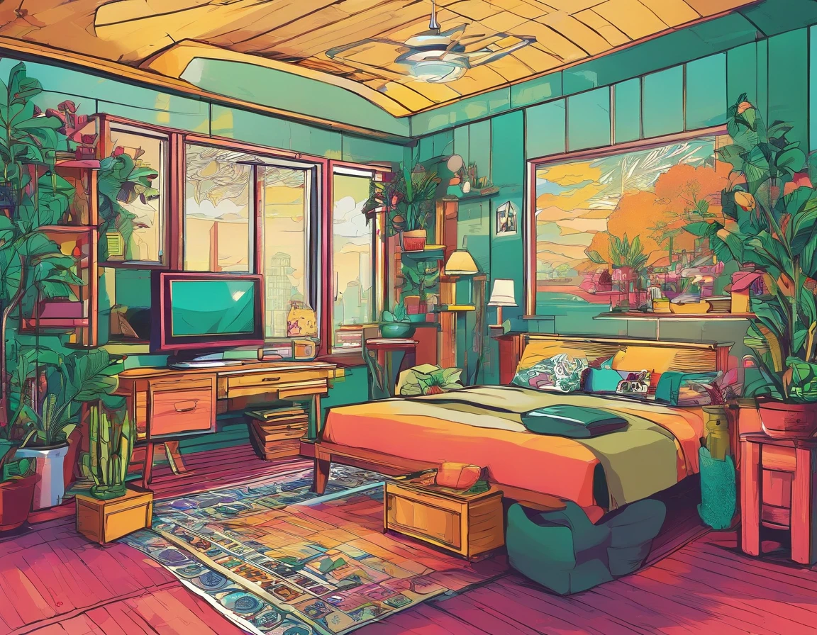 ambiente rustico, wooden floor, com mesa de madeira com computador em cima, janela grande com vista para fora, Landscape with spruce trees, lindo, 8k detalhado, detalhes leves e sutis com plantas, ambiente de estudo