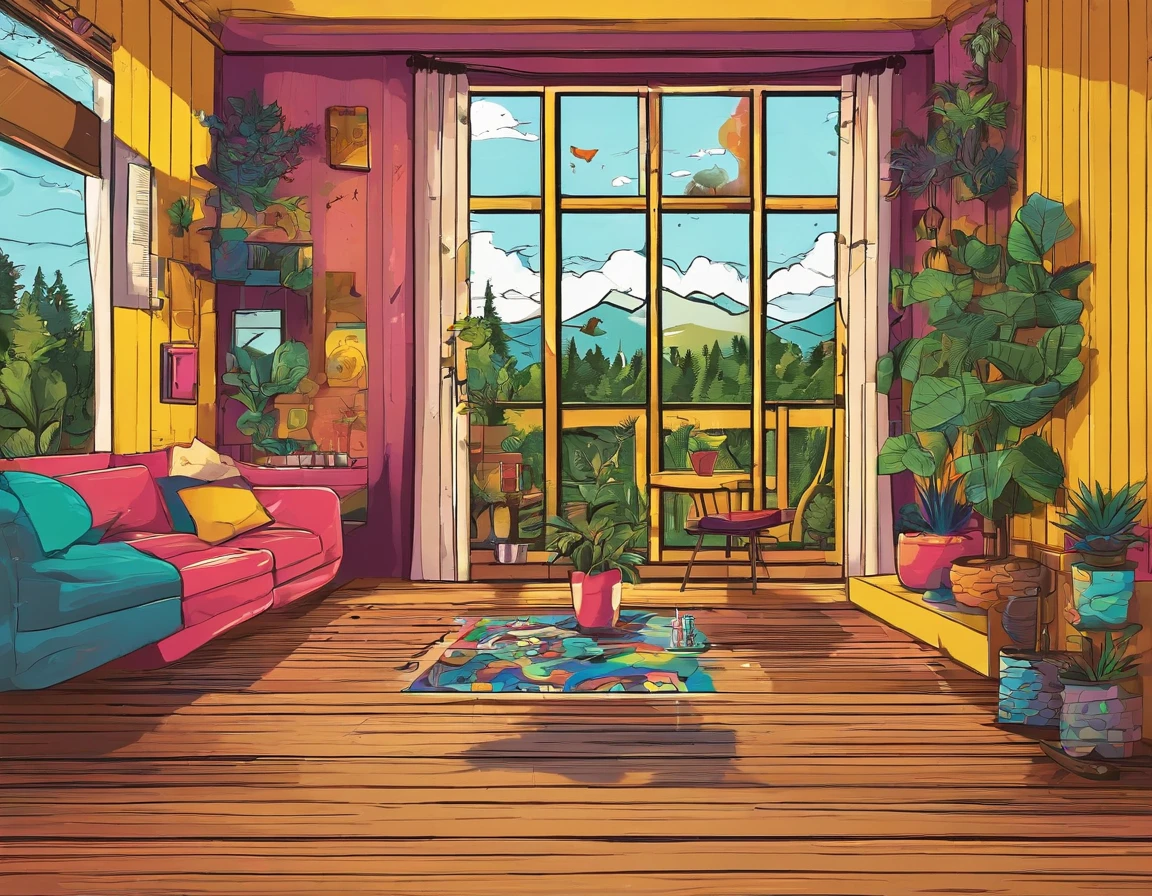 ambiente rustico, wooden floor, com mesa de madeira com computador em cima, janela grande com vista para fora, Landscape with spruce trees, lindo, 8k detalhado, detalhes leves e sutis com plantas, ambiente de estudo