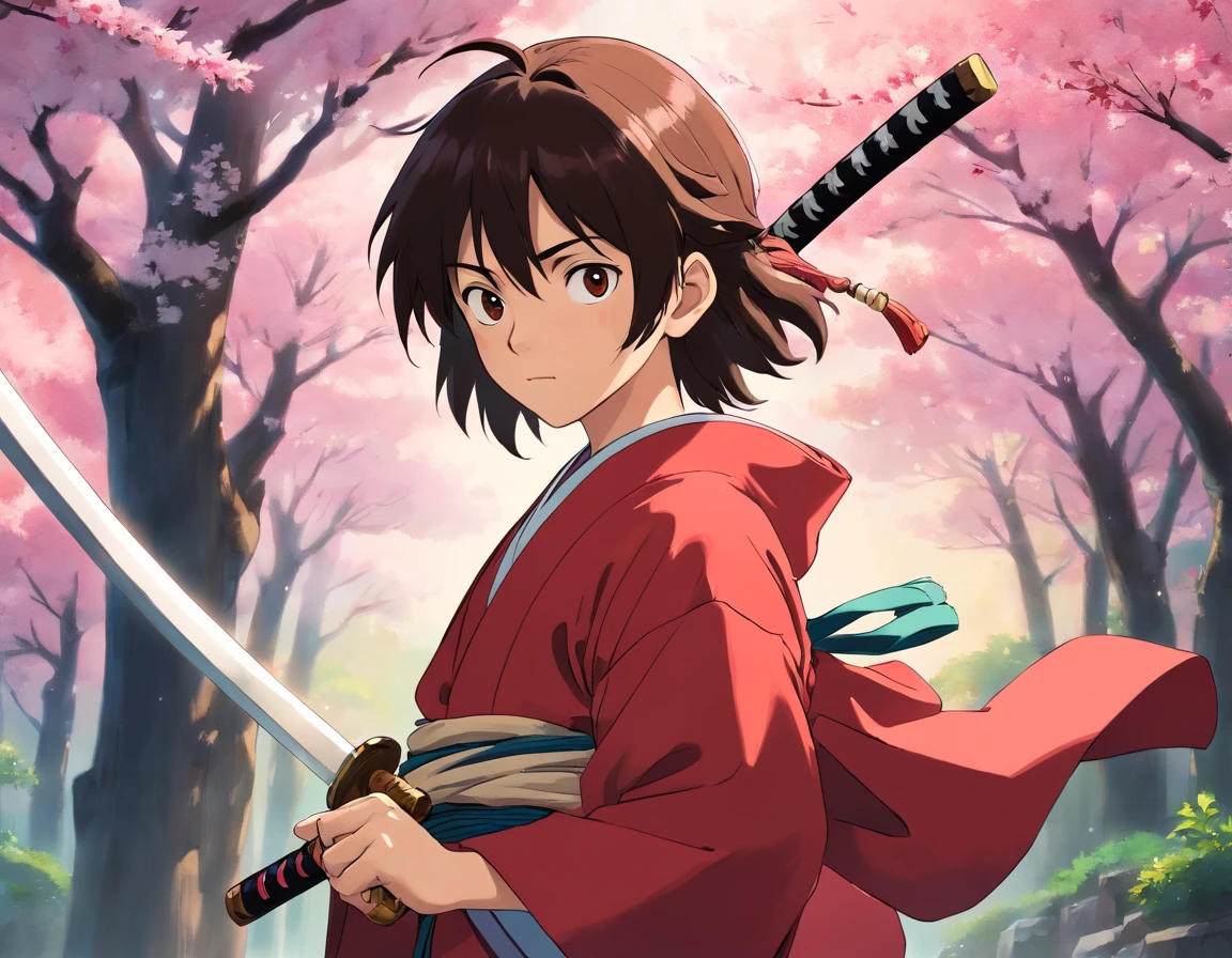 (best quality,highres),1 boys,holding a katana in his hands,wearing a red and black kimono,detailed facial features,long hair,tense expression,traditional samurai style,katana blade shining under the sunlight,subtle background with cherry blossoms falling,moody lighting,sharp focus,traditional Japanese art style,vivid colors