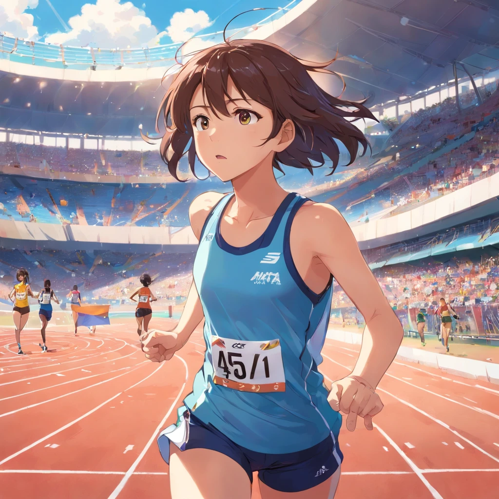 A scene where a girl is in a major athletics competition, onde ela se destaca entre os competidores. The girl is on the athletics track, pronta para participar de uma corrida importante. She is wearing a sports uniform with her number and name clearly visible. The surrounding atmosphere is electric, with a cheering crowd in the stands, torcendo e aplaudindo. The girl is focused and determined, seus olhos focados na linha de partida. His competitors are also preparing for the race, creating an aura of intense competition. The scene radiates the tension and excitement of a high-level competition in the world of athletics.