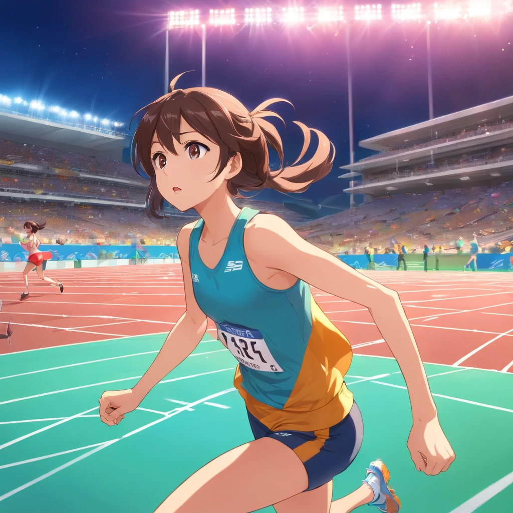 A scene where a girl is in a major athletics competition, onde ela se destaca entre os competidores. The girl is on the athletics track, pronta para participar de uma corrida importante. She is wearing a sports uniform with her number and name clearly visible. The surrounding atmosphere is electric, with a cheering crowd in the stands, torcendo e aplaudindo. The girl is focused and determined, seus olhos focados na linha de partida. His competitors are also preparing for the race, creating an aura of intense competition. The scene radiates the tension and excitement of a high-level competition in the world of athletics.