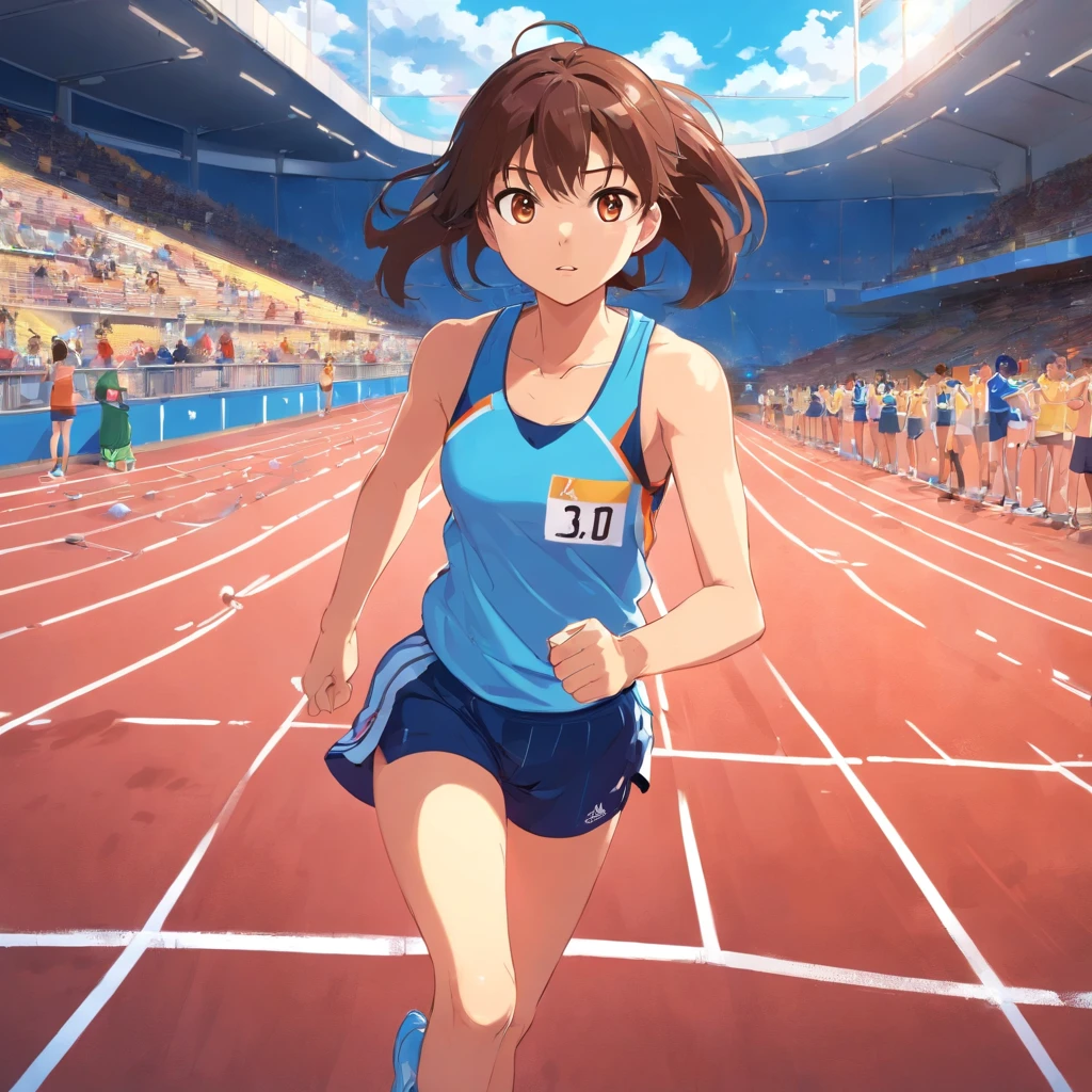 A scene where a girl is in a major athletics competition, onde ela se destaca entre os competidores. The girl is on the athletics track, pronta para participar de uma corrida importante. She is wearing a sports uniform with her number and name clearly visible. The surrounding atmosphere is electric, with a cheering crowd in the stands, torcendo e aplaudindo. The girl is focused and determined, seus olhos focados na linha de partida. His competitors are also preparing for the race, creating an aura of intense competition. The scene radiates the tension and excitement of a high-level competition in the world of athletics.