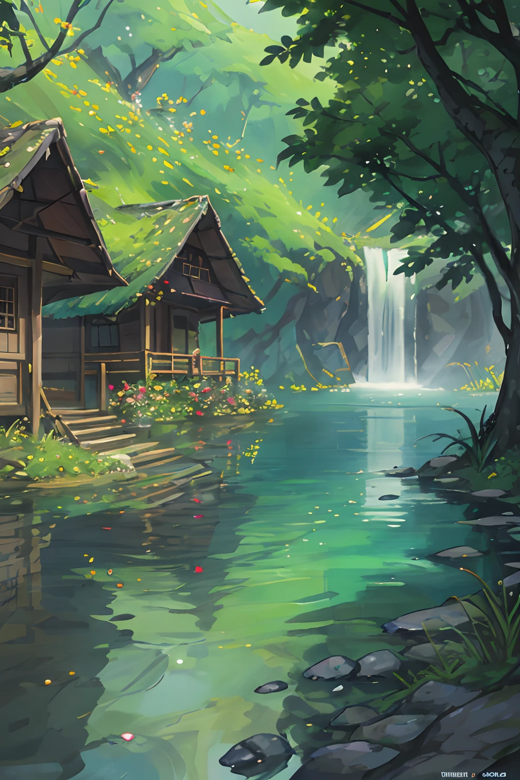 Vietnam ancient times, wooden house, winding dirt road, spring, jungle, lake, cave, waterfall, tree, meadow, rock, deer, hot spring, water vapor, (illustration: 1.0), epic composition, realistic lighting, HD details, masterpiece, best quality, (very detailed CG unified 8k wallpaper)