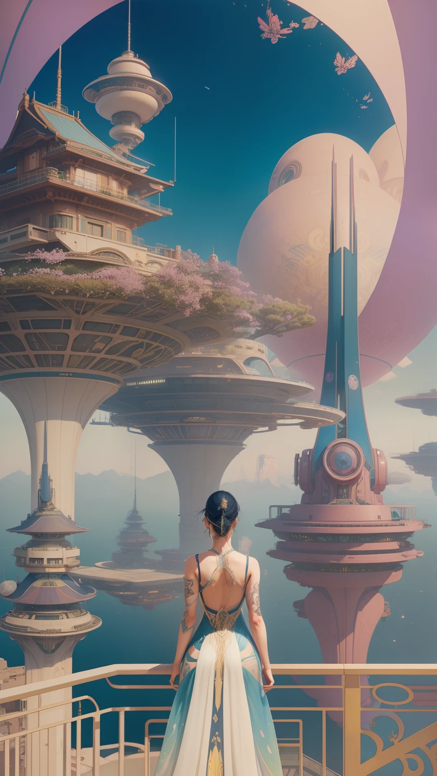 Panoramic distant view,Fantasic scape,back shot,cyberpunk futuristic,there is a woman in a erotic dress standing on a balcony, beeple and alphonse mucha, beeple and jean giraud, art nouveau octane render, artgem and beeple masterpiece, beeple and james jean, beeple and tim hildebrandt, arstation and beeple highly, style hybrid mix of beeple,photorealistic,watercolor,fantasy,nsfw,detailed background,best quality,hokusai,klimt