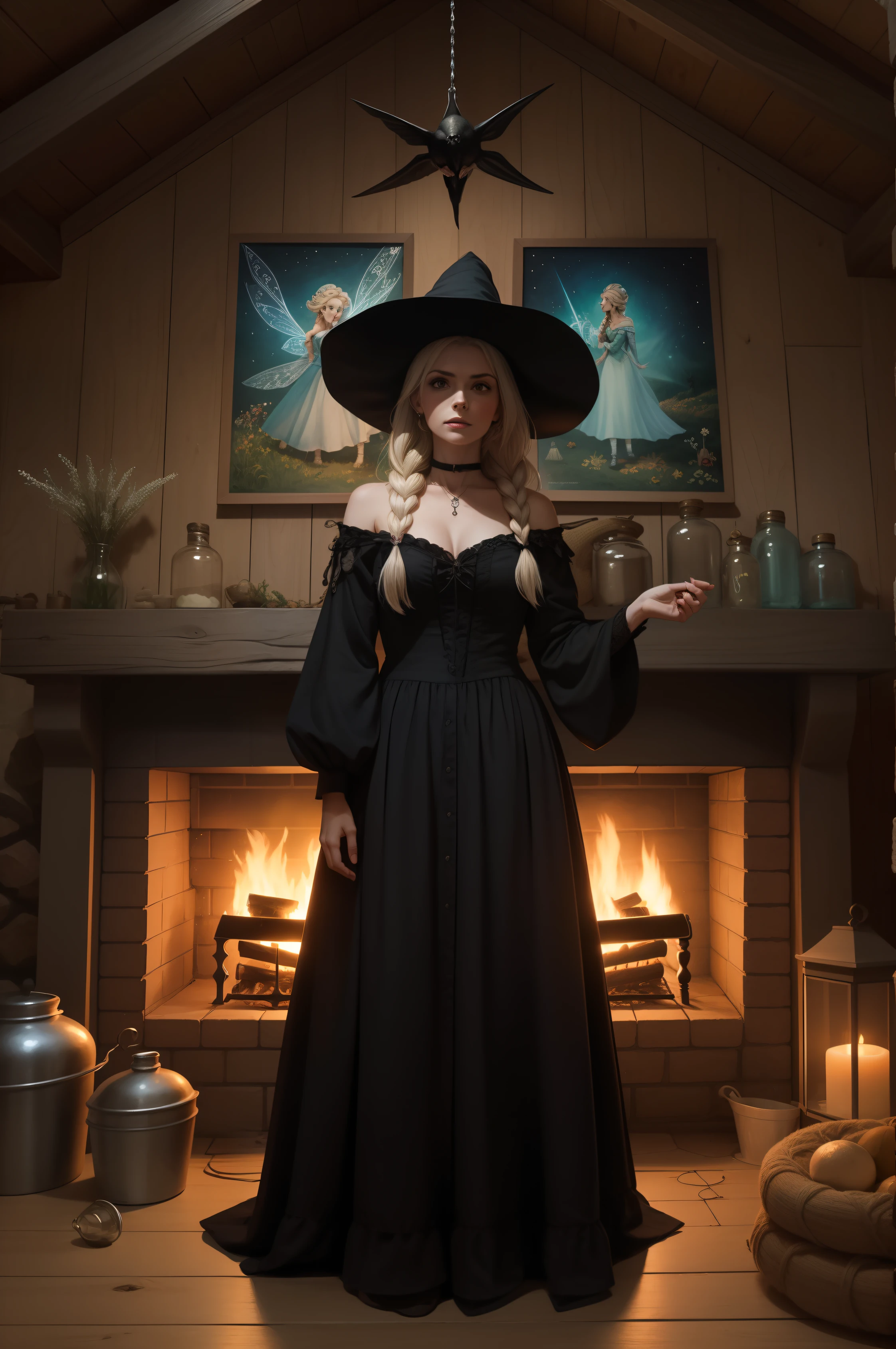 Foto de uma bruxa, (bruxa extremamente linda), Beautiful witch in a black dress stands in front of a fireplace, Boris Valejo. Octopath Viajante, Cottagecore!!, Cottagecore, Slavic folk fairy tale, full-colour illustration, she is in the potions workshop, inspirado em Elsa Beskow, Directed by: Elsa Beskow, beautiful depiction, Cottagecore hippie, (sete varinhas penduradas na parede)